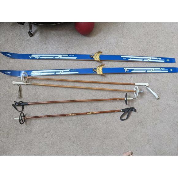 RARE Excellent vintage Clement wooden skis with 2 set poles